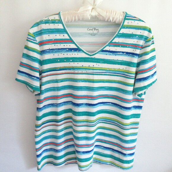 Share Coral Bay blue white beaded striped V-neck short sleeve tee *Sz L* - Picture 1 of 3